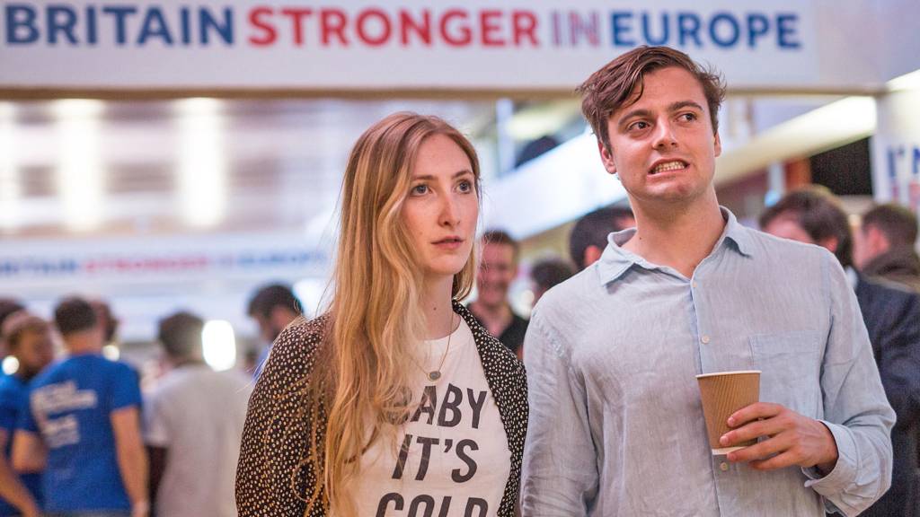 Dwójka Brytyjskich młodych ludzi obserwuje wyniki referendum