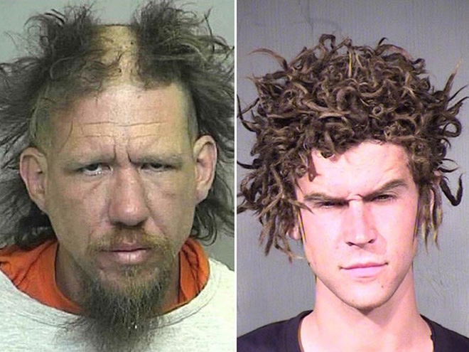 zdjęcie mugshot - jedna osoba ma wygolony środek głowy, druga ma dziwne kręcone włosy