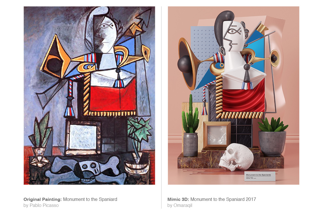 Zlepek dwóch obrazów, po lewej surrealistyczne dzieło Pablo Picasso,a po prawej instalacja 3D inspirowana tym dziełem