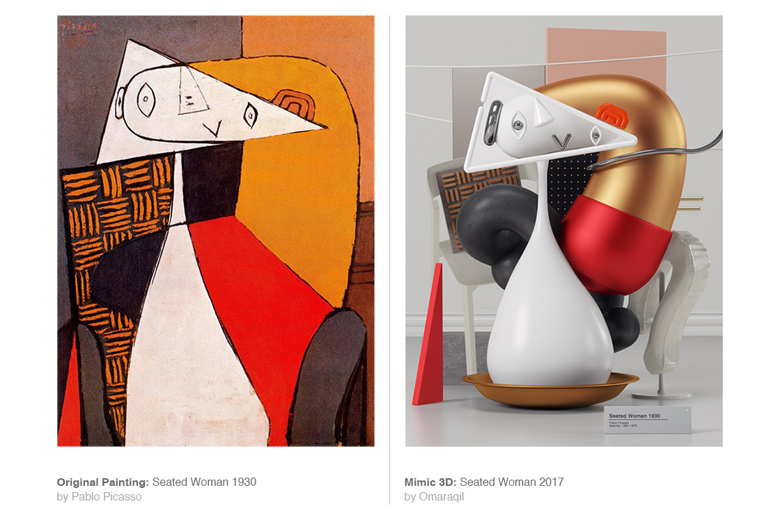 Zlepek dwóch obrazów, po lewej surrealistyczne dzieło Pablo Picasso,a po prawej instalacja 3D inspirowana tym dziełem