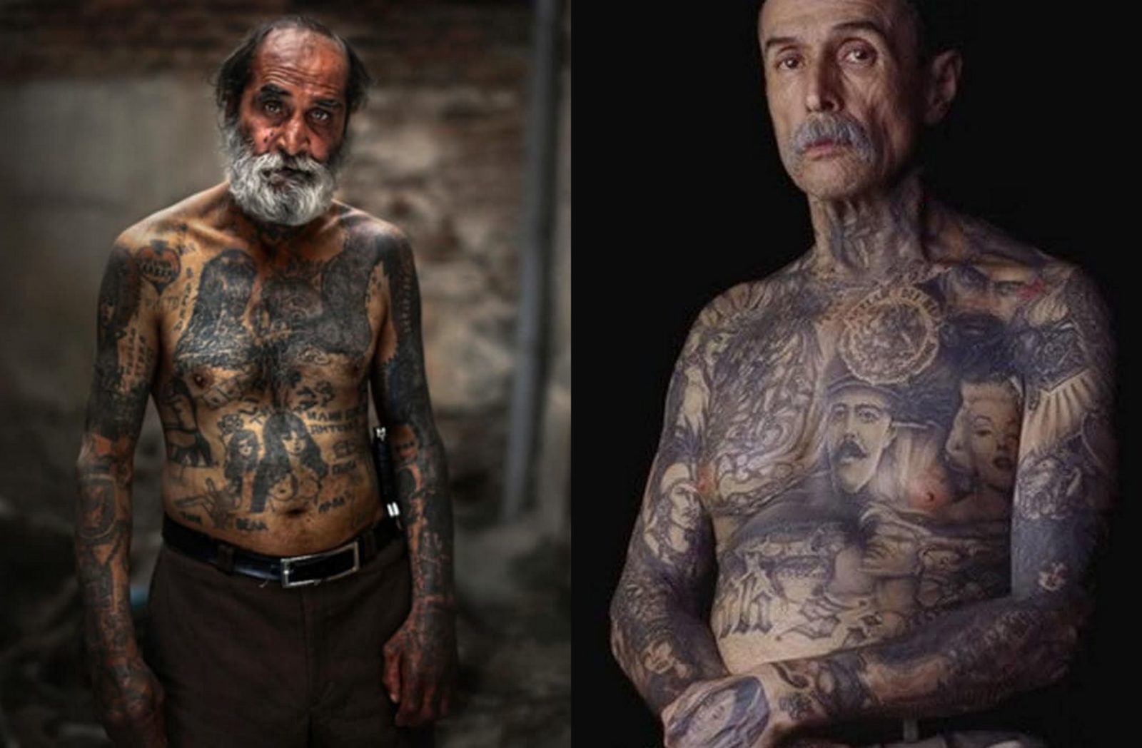 Starszy mężczyzna z siwą brodą cały w tatuażach i Starszy mężczyzna z wytatuowaną klatką piersiową i szyją