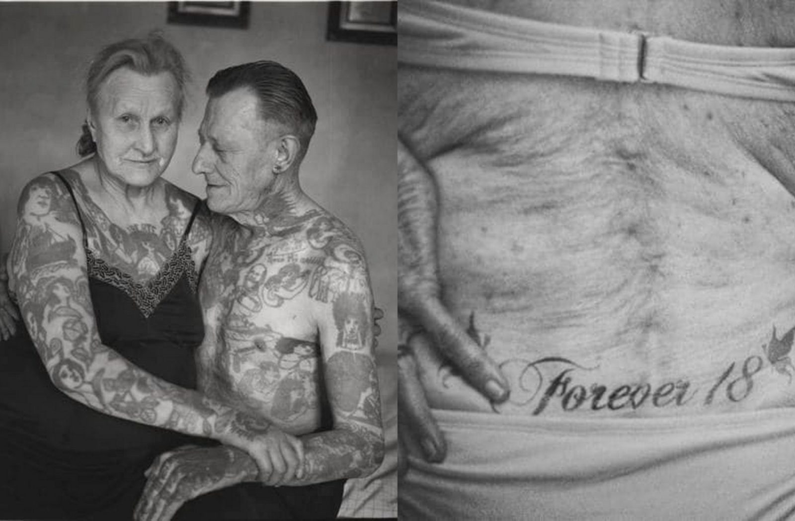 Para, kobieta i mężczyzna oboje cali w tatuażach i Tatuaż forever 18 na wysokości kości ogonowej starszej kobiety
