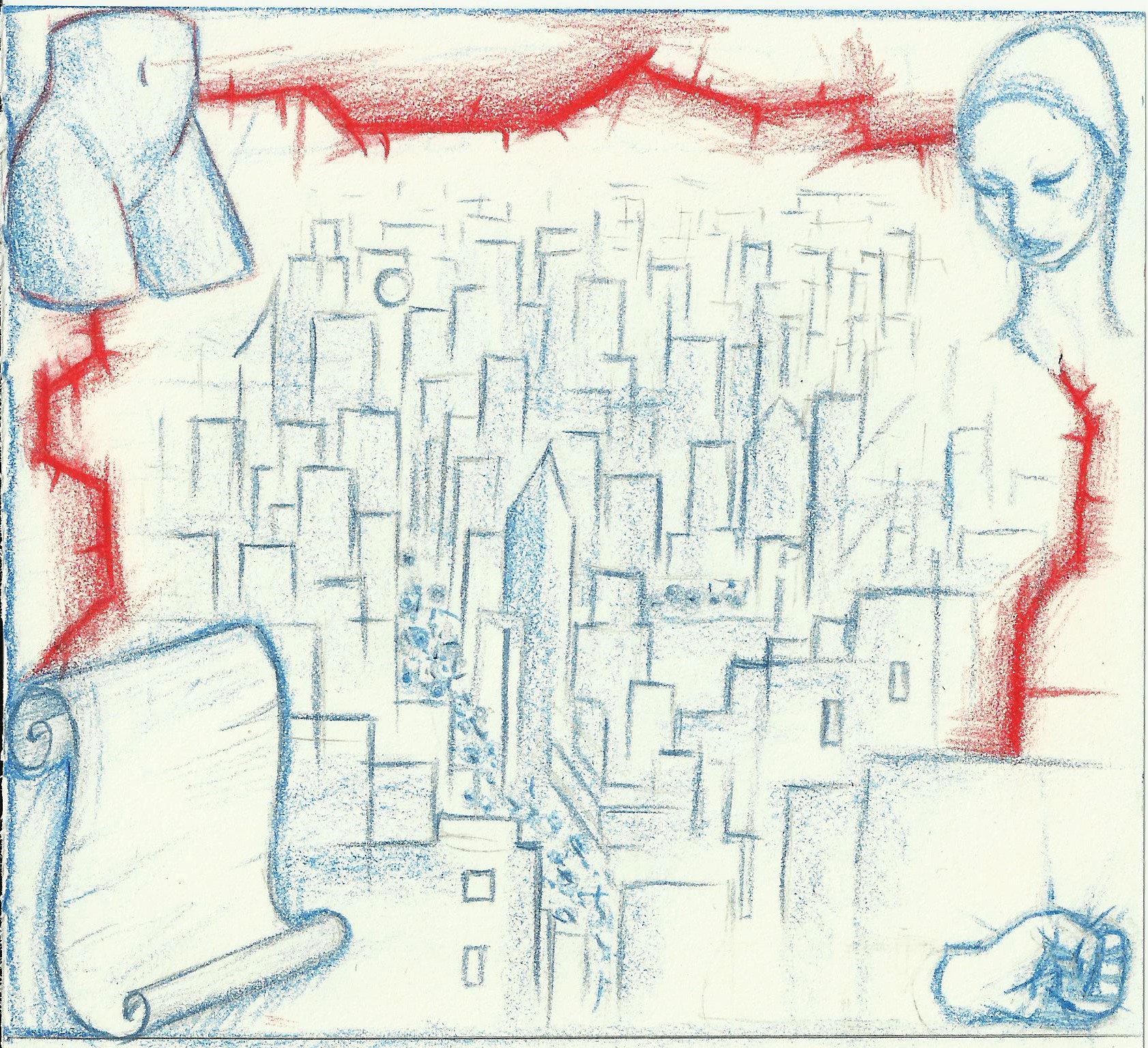 na zdjeciu widzimy rysunek przedstawiajacy zarysy budynkow czerwone kolczaste granice twarzy kobiety w turbanie piesc dolna czesc manekina oraz kartka zawinietego papieru