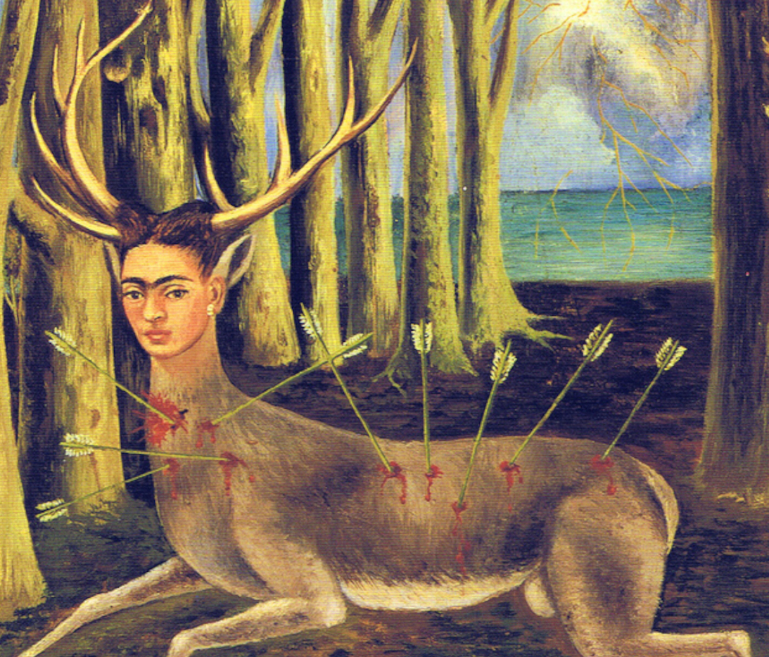 Obraz przedstawiający jelenia z głową kobiety