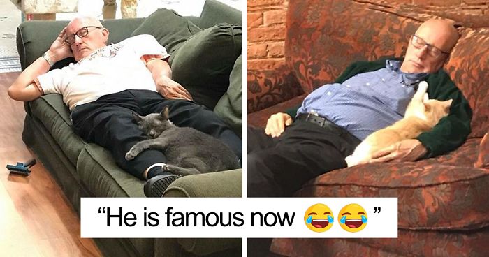 Starszy mężczyzna śpiący na kanapie z kotem