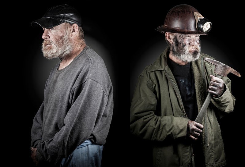 Dwa ujęcia tego samego mężczyzny: jako bezdomnego i górnika
