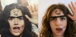 Po lewej stronie reklama z dziewczyną, pomazana przez wandali, po prawej, dziewczyna z pomalowaną w ten sam sposób twarzą