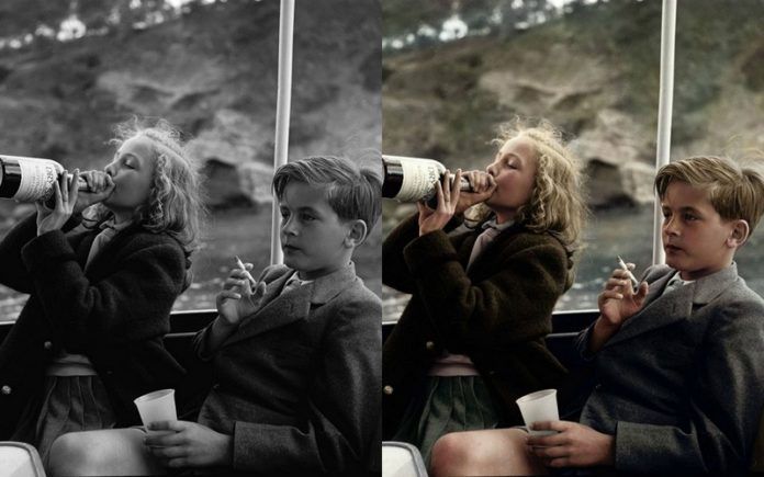 Zdjęcie przedstwiające małą dziewczynkę pijącą z butelki od wina i chłopiec trzymający w ręku papierosa