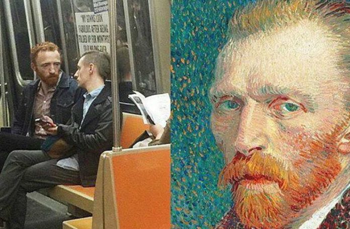 Chłopak wyglądający jak Van Gogh i portret Van Gogha