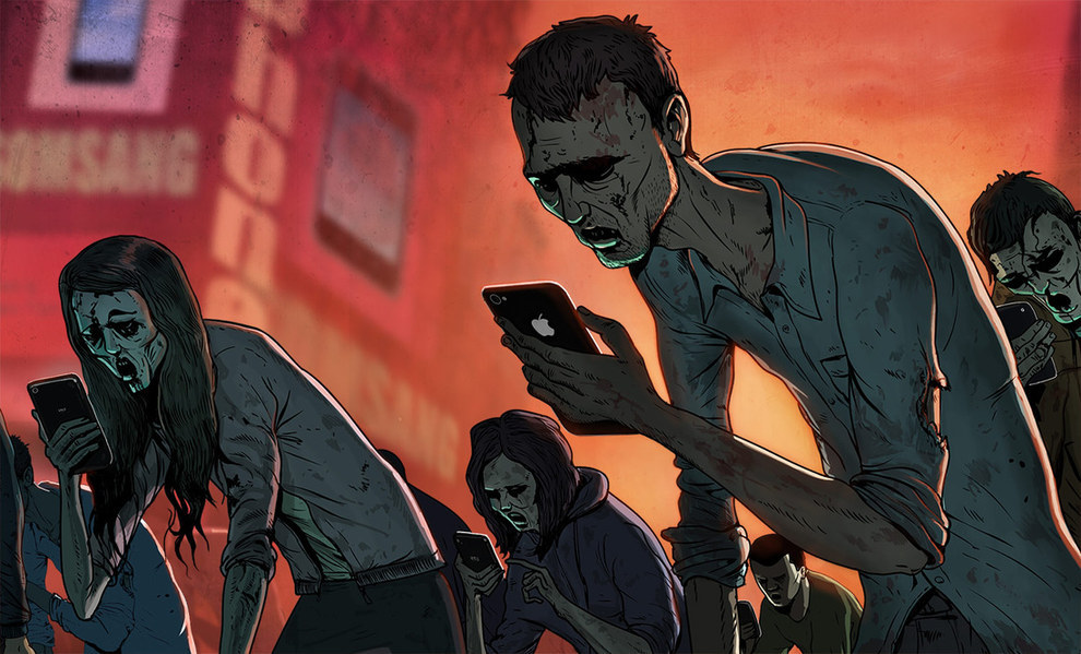 Steve Cutts ilustracja grupa zombie wpatrzonych w smartfony