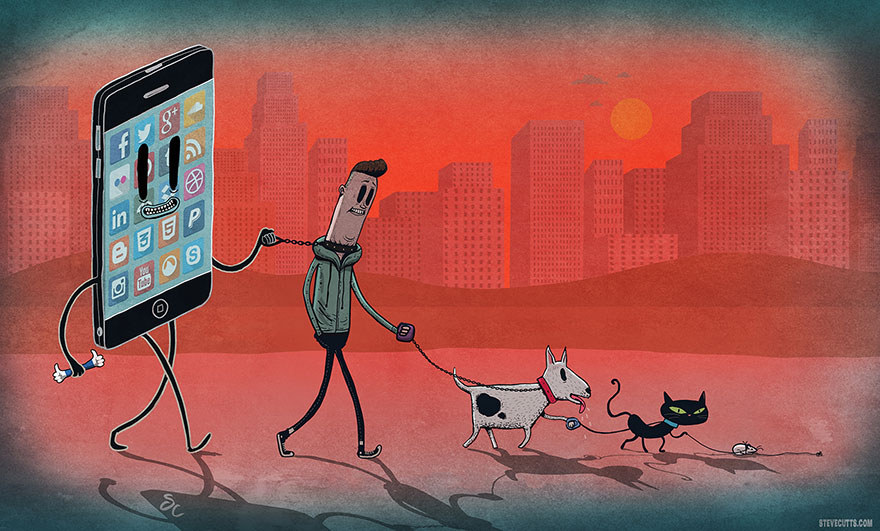 Steve Cutts ilustracja mężczyzna na spacerze ze smartfonem jako swoją partnerką wyprowadzający psa i kota