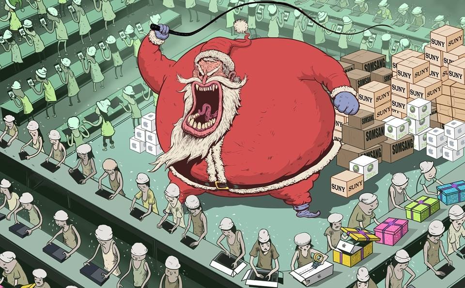 Steve Cutts ilustracja otyły święty mikołaj poganiający batem pracowników przygotowujących prezenty