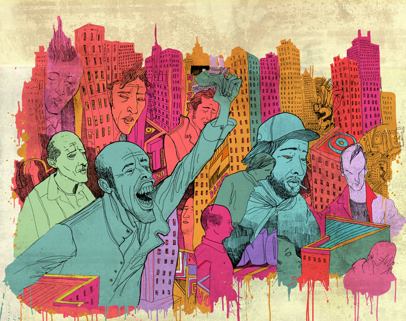 Steve Cutts ilustracja ludzie na tle wielkiego miasta