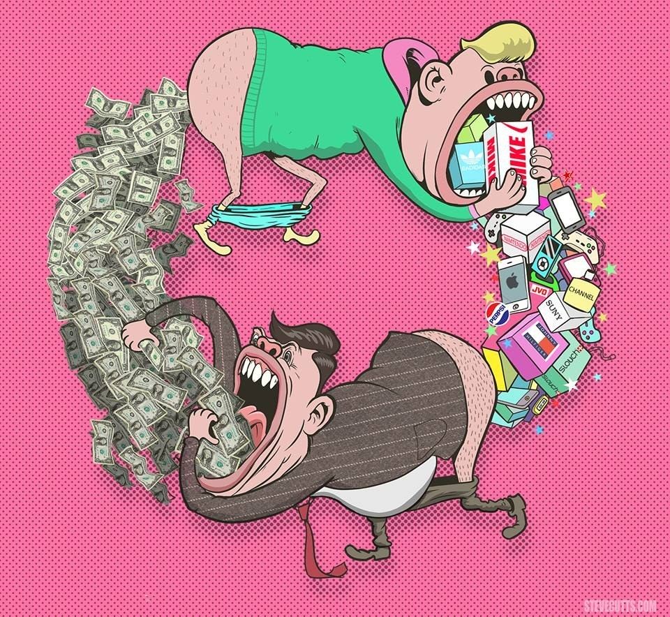 Steve Cutts ilustracja karykaturalny obraz obrotu pieniędzy i towarów
