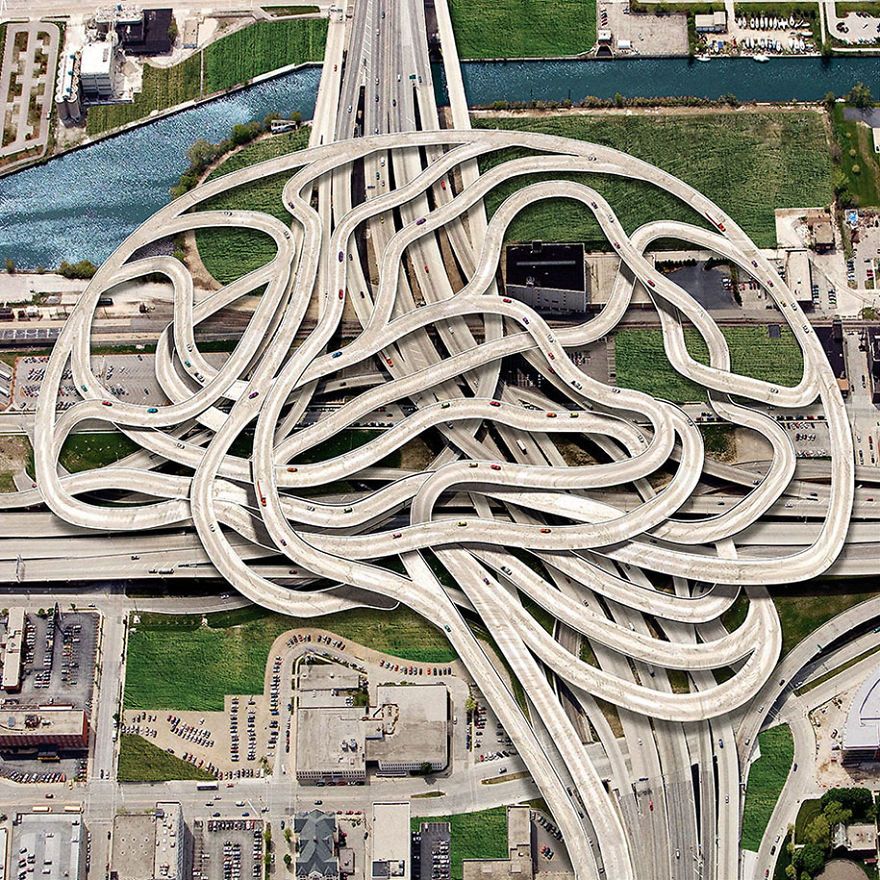 surrealistyczna grafika Igora Morskiego, mózg przedstawiony za pomocą dużej ilości nitek ulic i autostrady