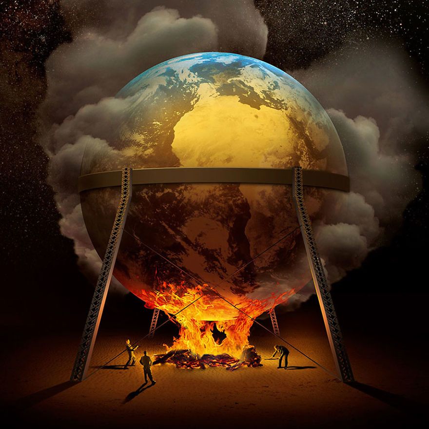  surrealistyczna grafika Igora Morskiego, kula ziemska wisząca nad ogniskiem rozpalanym przez ludzi