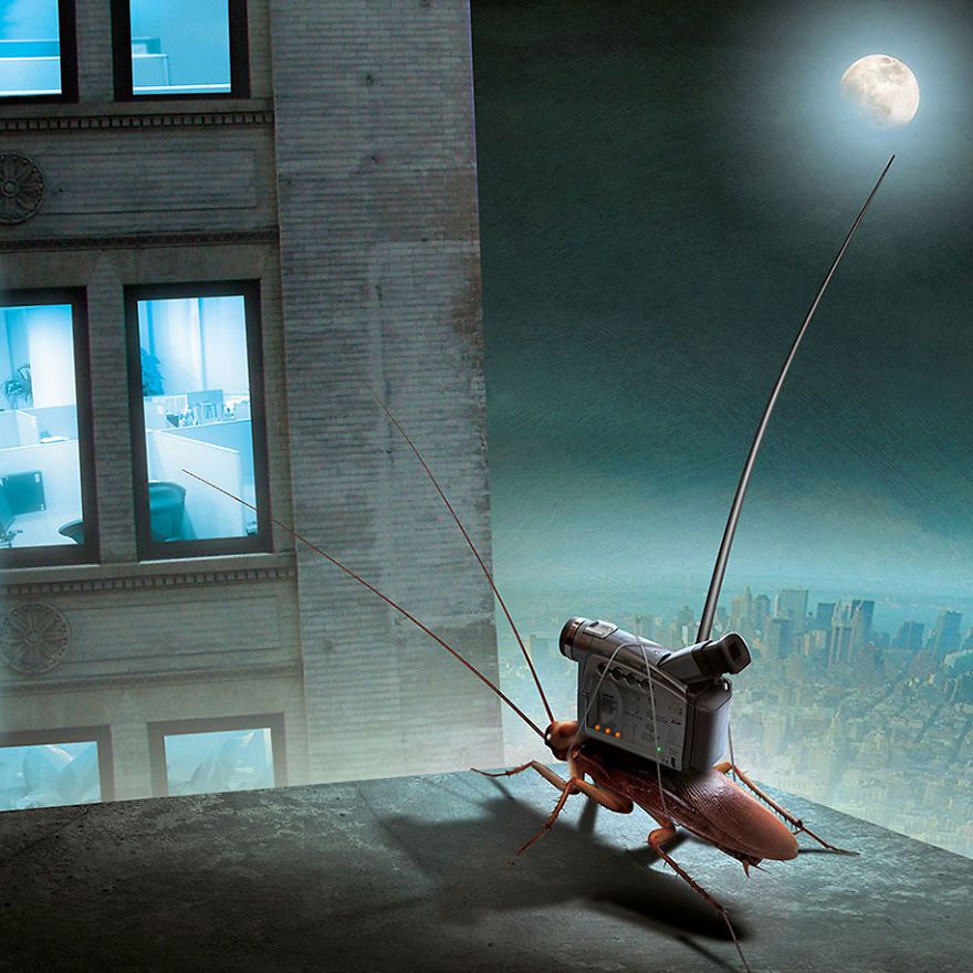 surrealistyczna grafika Igora Morskiego, robak z kamerą na grzbiecie, obserwujący życie ludzi przez okno