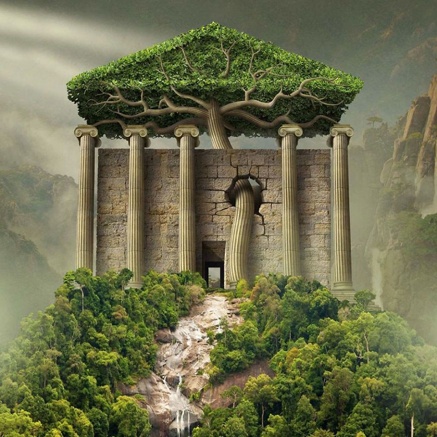 surrealistyczna grafika Igora Morskiego, antyczna budowla otoczona zielenią, drzewami
