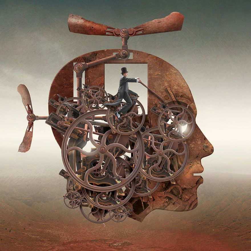 surrealistyczna grafika Igora Morskiego, ludzka głowa jako maszyna latająca, w miejscu mózgu siedzi człowiek sterujący całym mechanizmem
