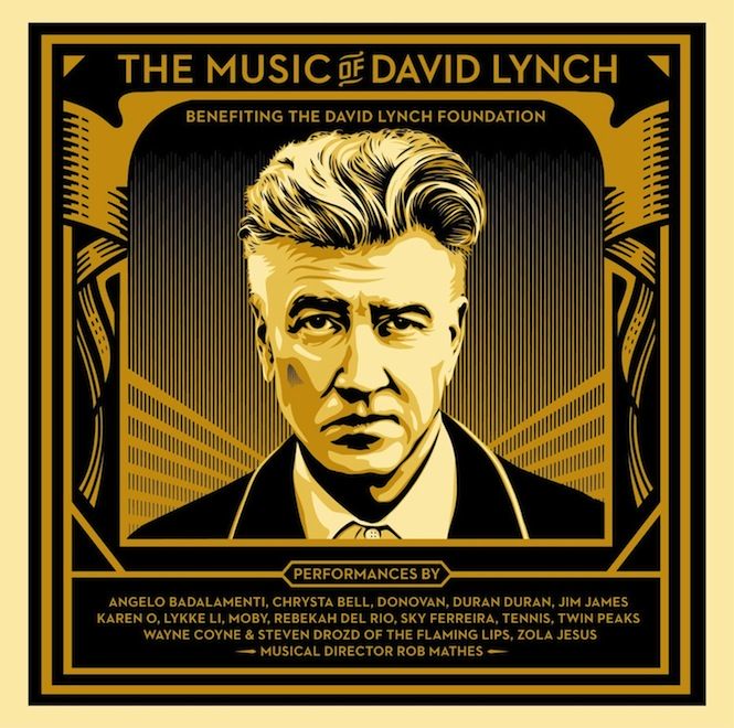 czarno-złota okładka płyty the musiv of david lynch z narysowaną podobizną lyncha oraz spisem wszystkich artystów