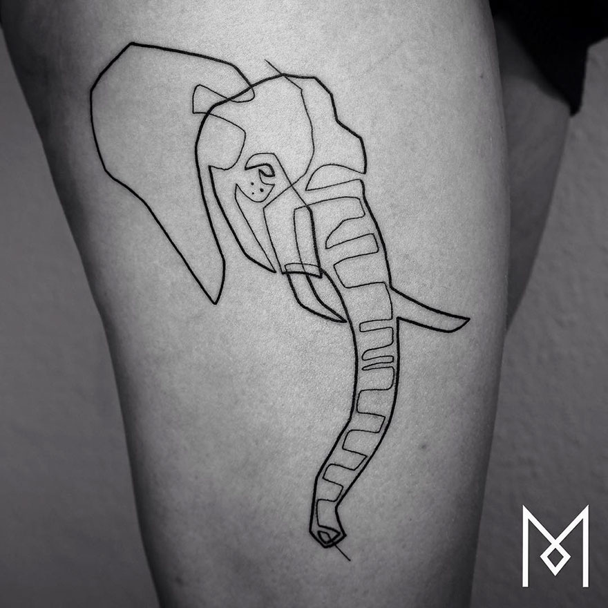 tatuaż wykonany jedną linią przedstawiający słonia