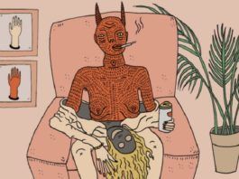 grafika przedstawiająca diabła wychodzącego z kobiety