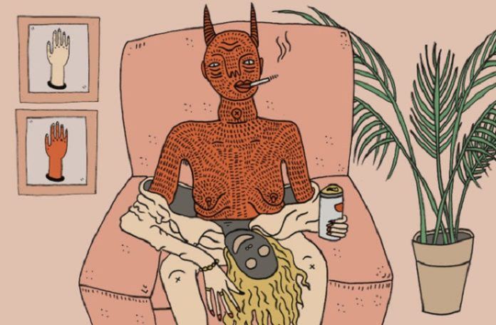 grafika przedstawiająca diabła wychodzącego z kobiety