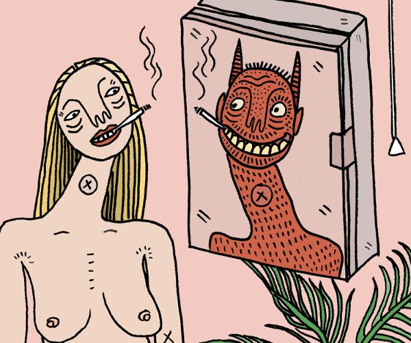 kobieta z papierosem i diabeł w lustrze