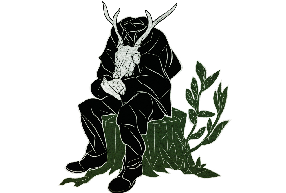 Rysunek kozła w czarnej pelerenie siedzącego na zielonym pniu drzewa