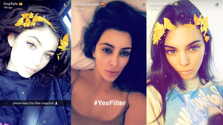 Upiększone zdjęcia trzech brunetek przy pomocy filtrów z aplikacji Snapchat