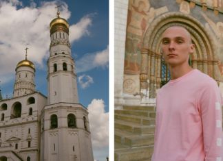 Dwa zdjęcia - na jednym młody mężczyzna w różowej koszulce, na drugim cerkwia