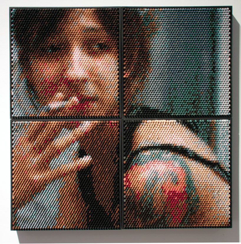 Portret kobiety z papierosem ułożony z kredek świecowych