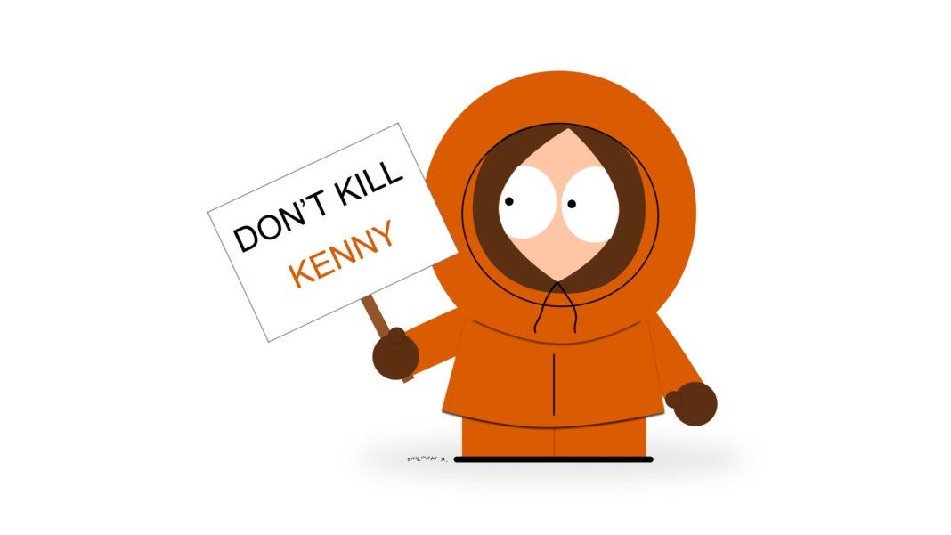 Postać z kreskówki w pomarańczowym ubraniu trzyma transparent, napis: Don't kill Kenny