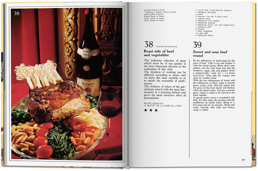 Rozkładówka ksiązki, po lewej ilustracja jedzenia, po prawej tekst przepisu