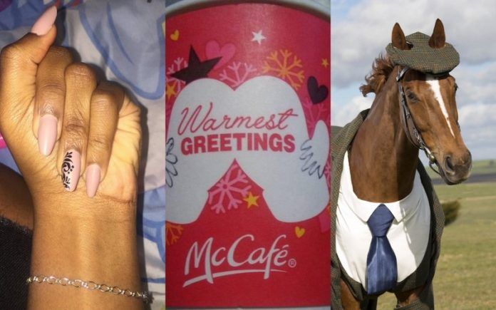 Kolaż trzech obrazków: dłoni z czterema palcami, kubka z McDonald's i konia w garniturze