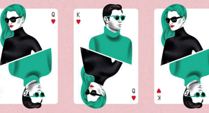 Plakat promujący targi mody Grand Bazar, przedstawiający ilustrację składającą się z trzech kart do gry na których u góry widzimy mężczyznę, a na dole kobietę