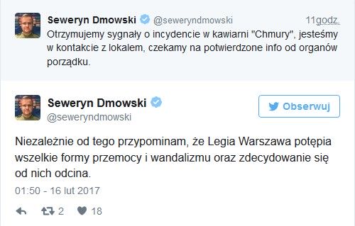 Zrzut ekranu z Twittera zwierający wypowiedź Seweryna Dmowskiego