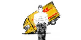 Narysowany obrazek mężczyzny w białej bluzie, w tle ciężarówką DHL