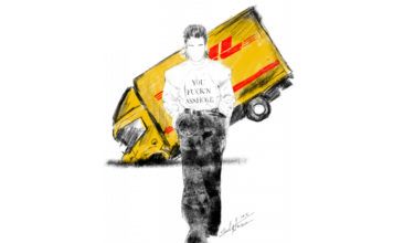 Narysowany obrazek mężczyzny w białej bluzie, w tle ciężarówką DHL
