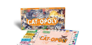 Pudełko gry Catopoly z kotami na pudełku