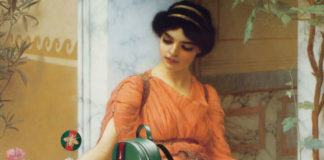 Klasyczny obraz przedstawiający kobietę z ciemnymi włosami w pomarańczowej sukience
