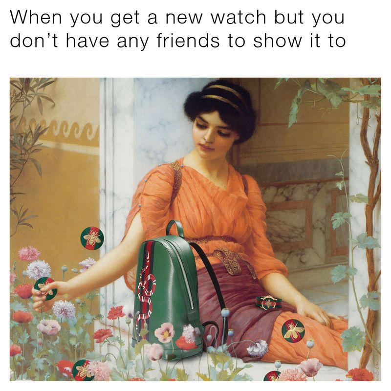 Mem Gucci obraz kobiety z kwiatami i plecakiem i zegarkiem