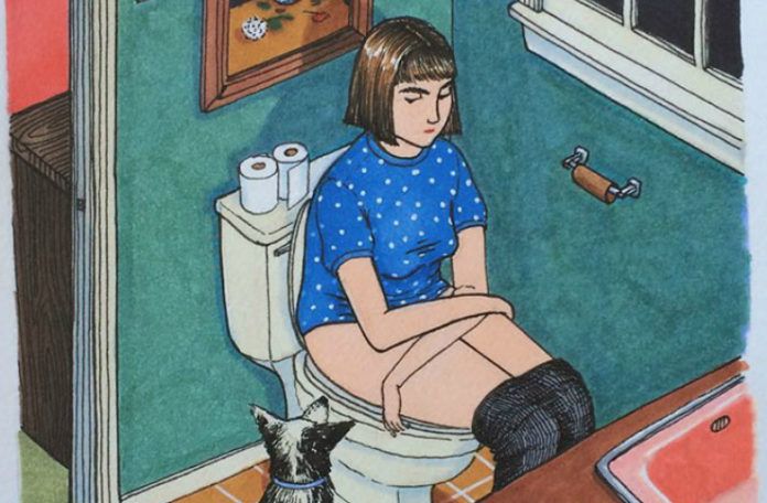 Kobieta siedzaca w toalecie