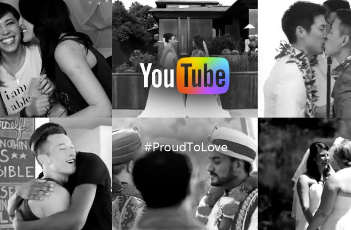 Czarno białe zdjęcia jednopłciowych par z logiem YouTube po srodku