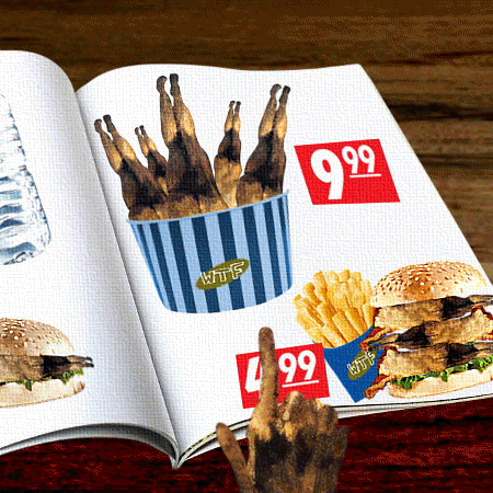 Animacja przedstawiająca gazetkę z supermarketu i palec kościotrupa