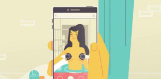 Grafika ręki trzymającej smartfon, na którego ekranie jest naga kobieta