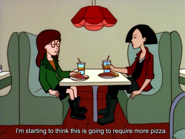 Grafika przedstawijąca dwie dziewczyny siedzące w restauracji jedzące pizze