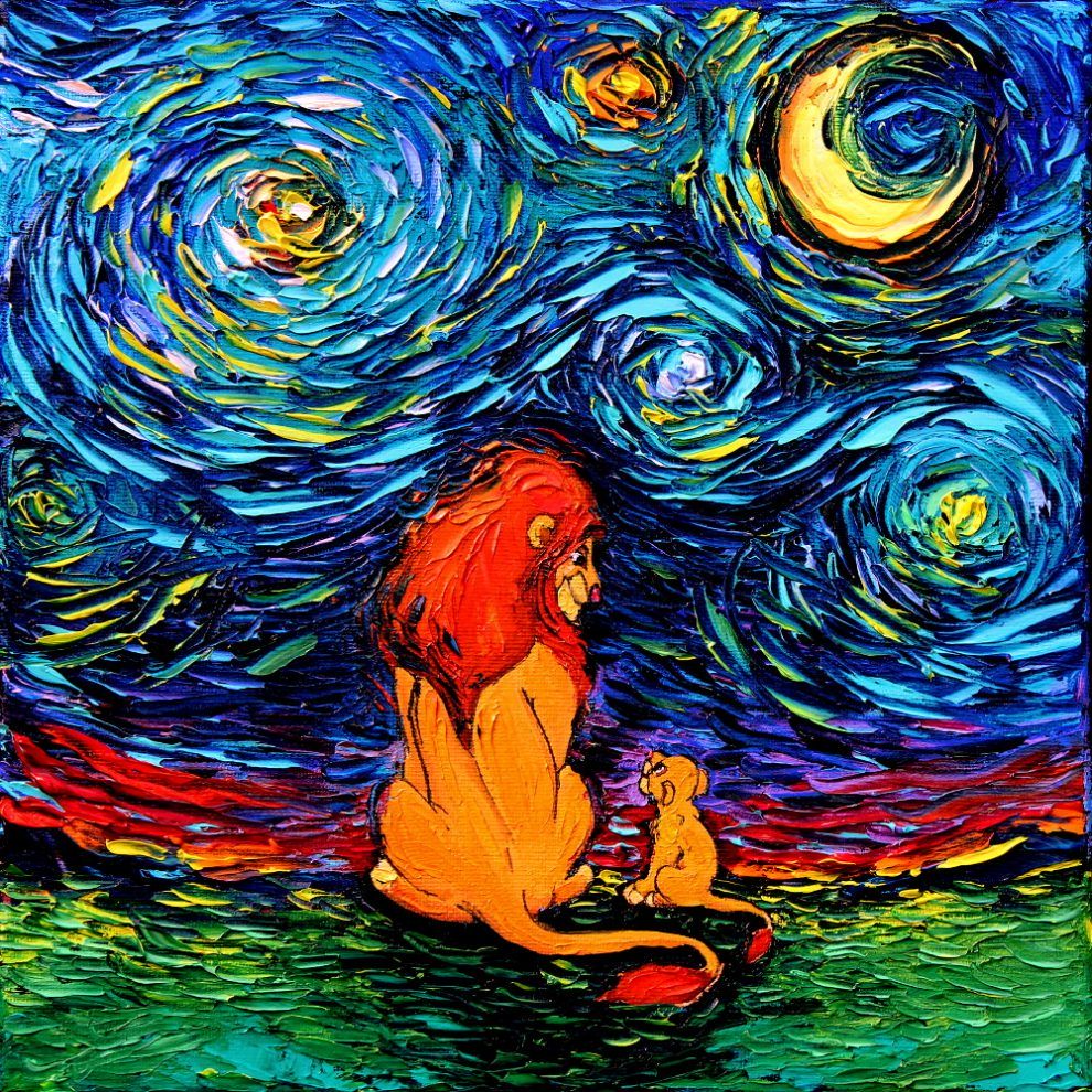 Zdjęcie przedstawia Króla Lwa i małe lwiątka, siedzących tyłem i patrzących się na siebie, wykonanych tech. malarską Van Gogha.