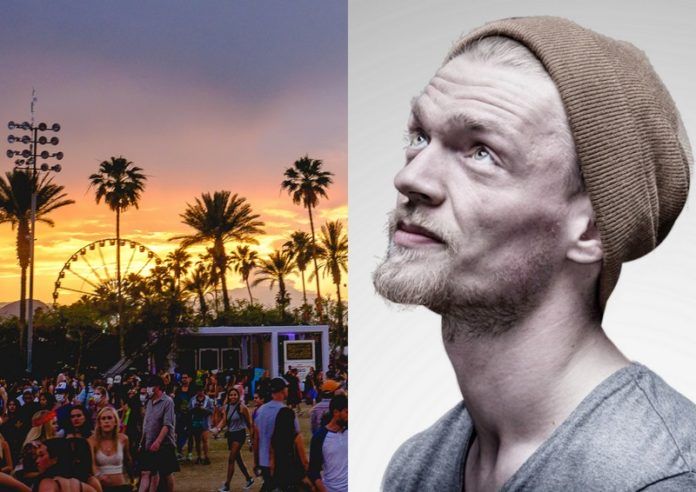 Dwa ujęcia: widok festiwalu Coachella z zachodem słońca i plamami i chłopak w czapce i zaroście