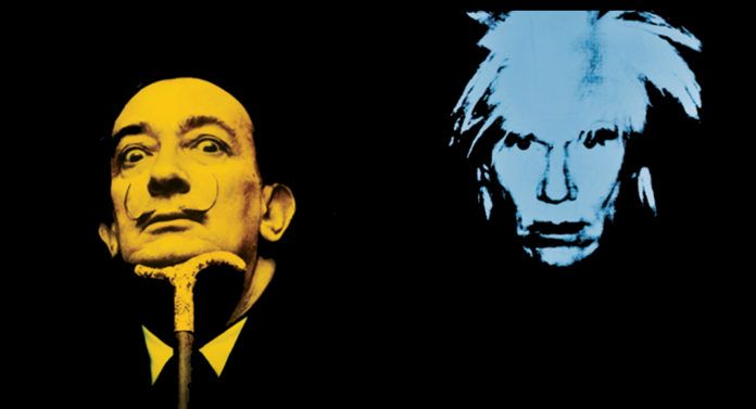 Czarne tło z dwiema głowami: jedna przedstawiająca Salvadora Dali, druga Andy'ego Warhola